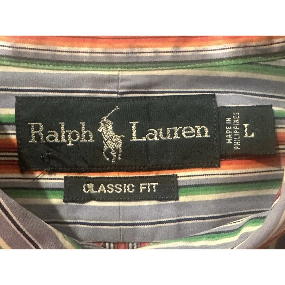 Ralph Lauren‎ Men Shirt L Button Down Orange Multi Stripe Navy Pony Button Down